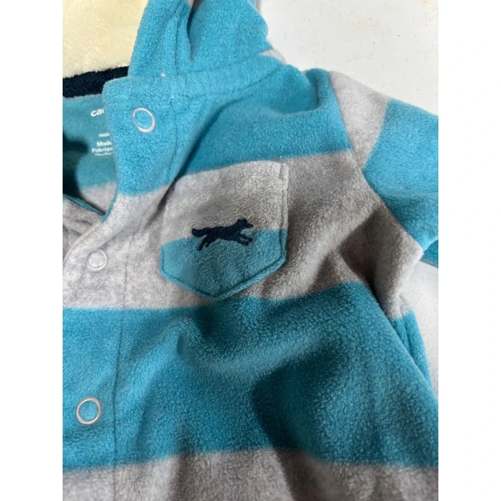 Carters Baby‎ Boys Blue Grey Striped Fleece Hooded Romper Jumpsuit 9 Months